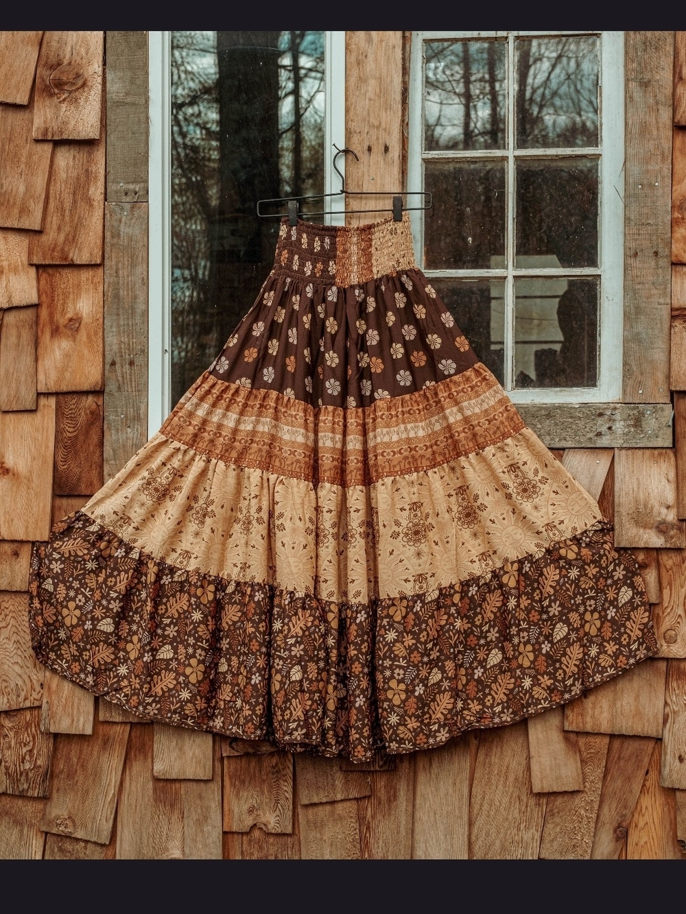 Bohemian Tiered Maxi Skirt in Brown and Tan